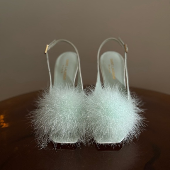 Saint Laurent Mae Slingback Sandals Heels with Feathers in Slight Green Size 38 - Picture 3 of 11